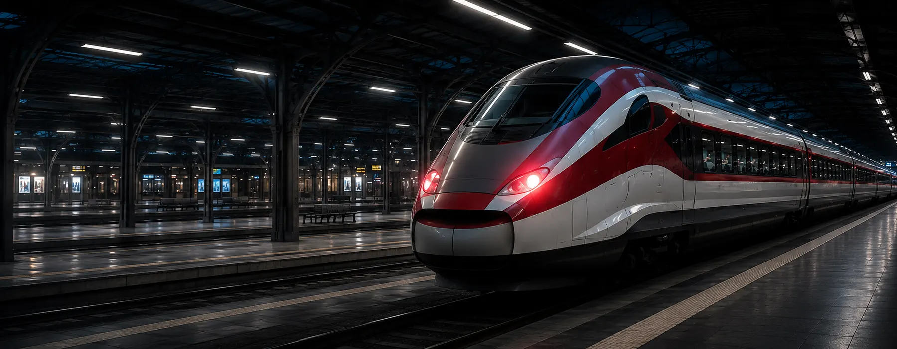 Treno ad alta velocità in una stazione italiana di notte